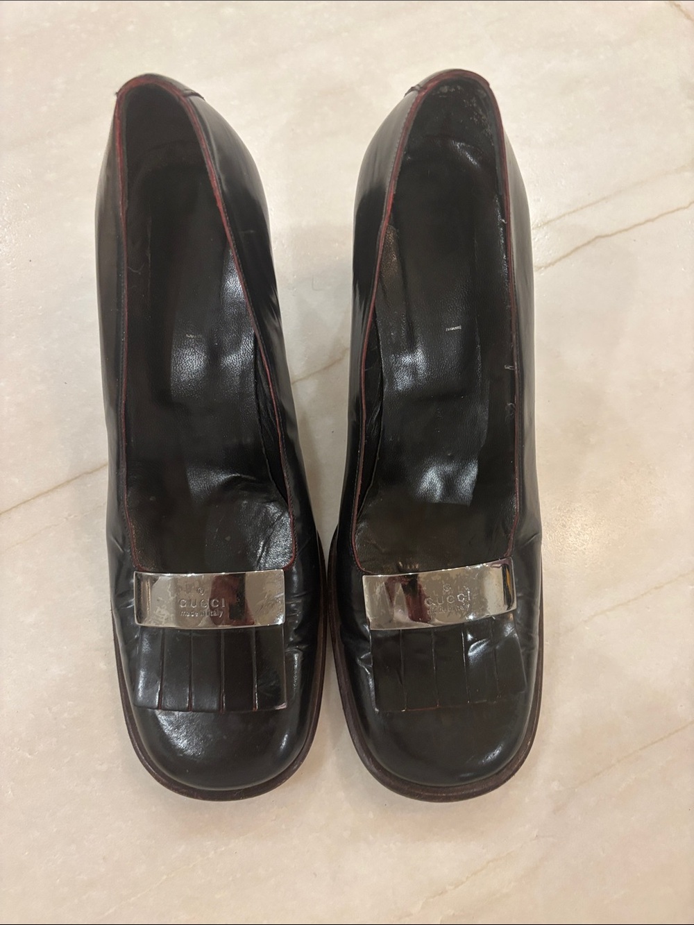 Gucci Black Leather Loafers with Silver Plaque